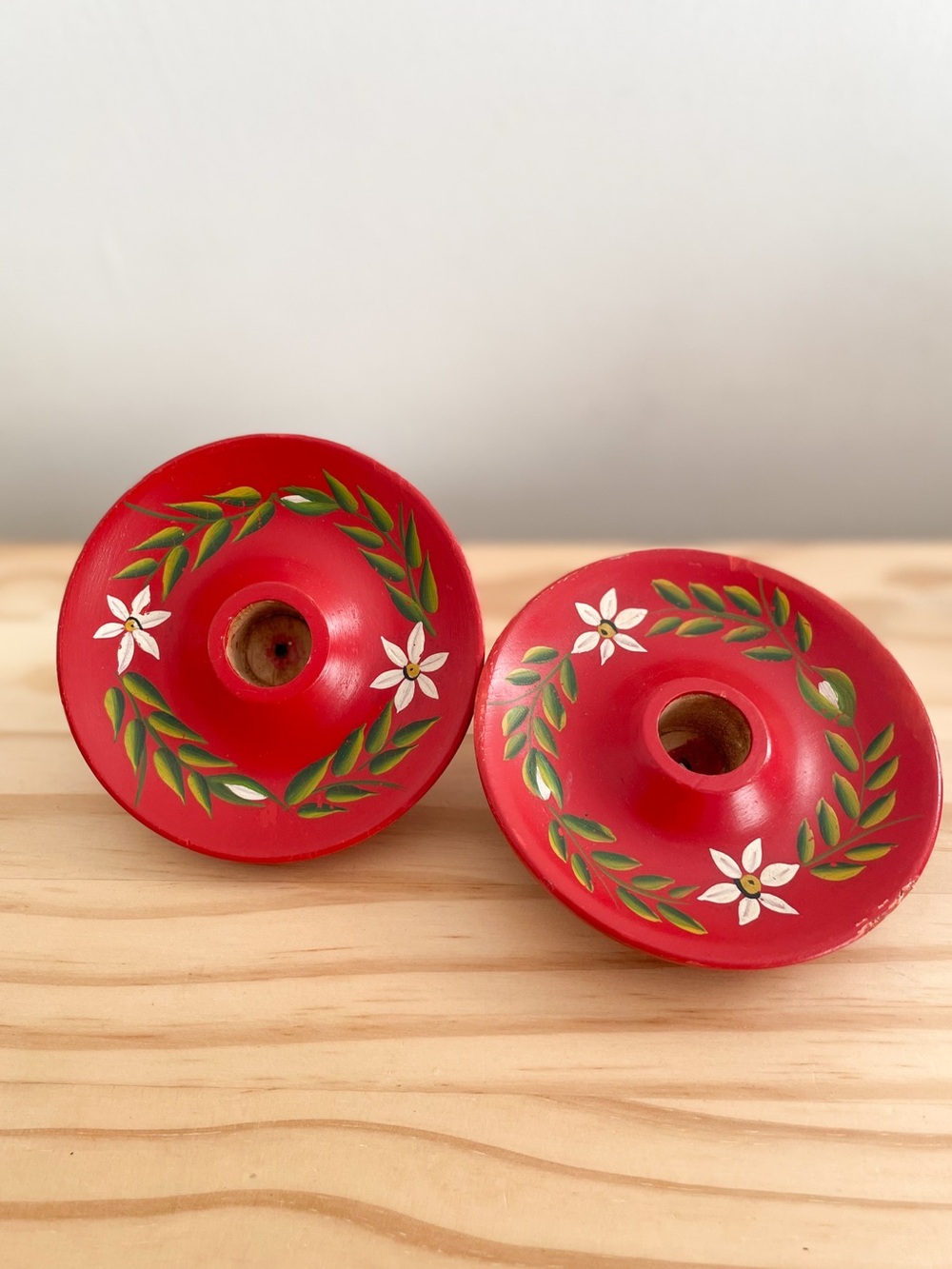 Swedish Red Floral Wooden Hand Painted Candle Holders. Scandinavian folk art. - Picture 9 of 9